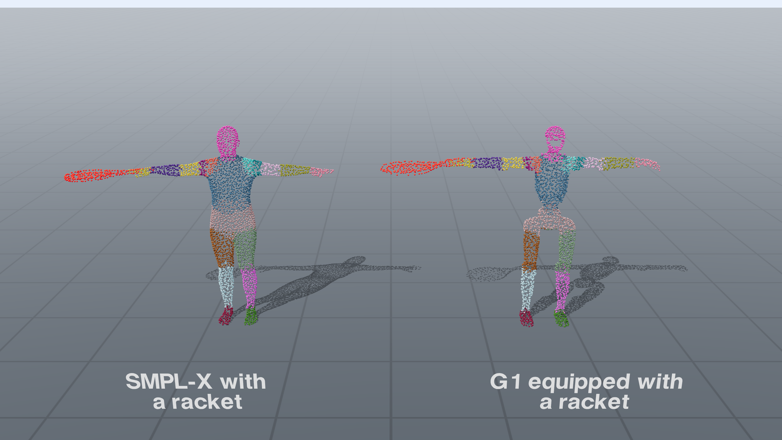 Mesh-bound T-pose surface correspondence between SMPL-X with a racket and G1 equipped with a racket